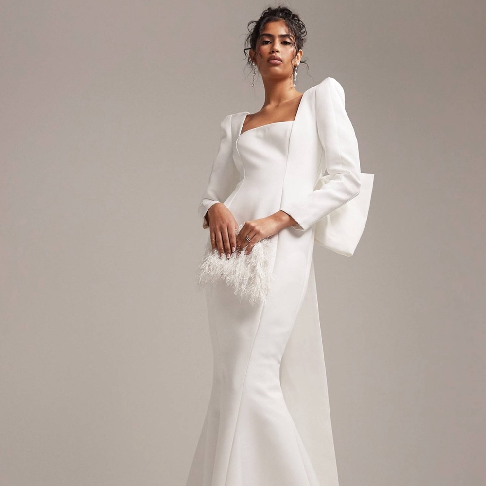 ASOS DESIGN Toby statement square neck and bow back wedding dress in ivory